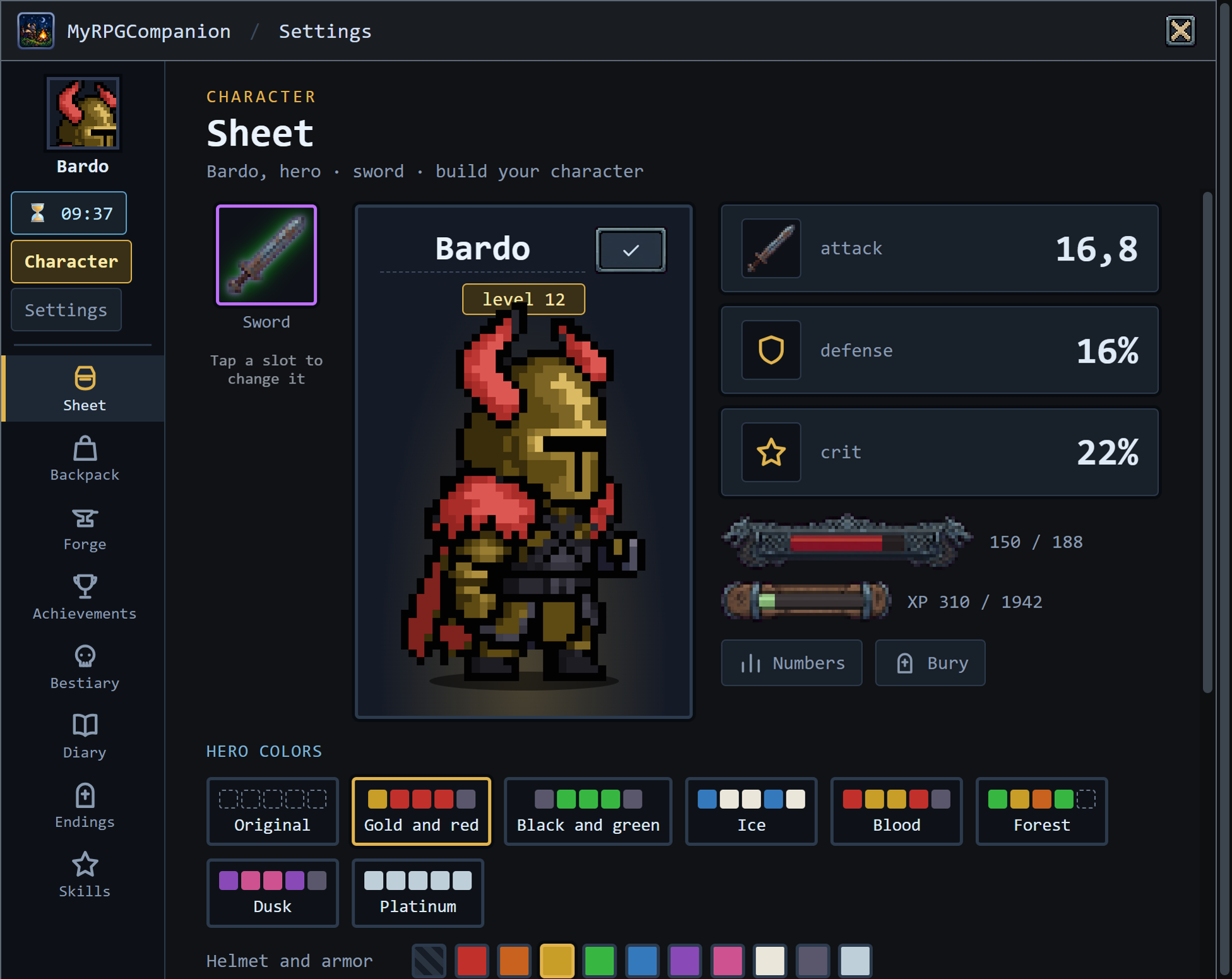 Hero sheet screen, with the weapon slot, attack, defense and crit runes, health and XP bars and the hero colors