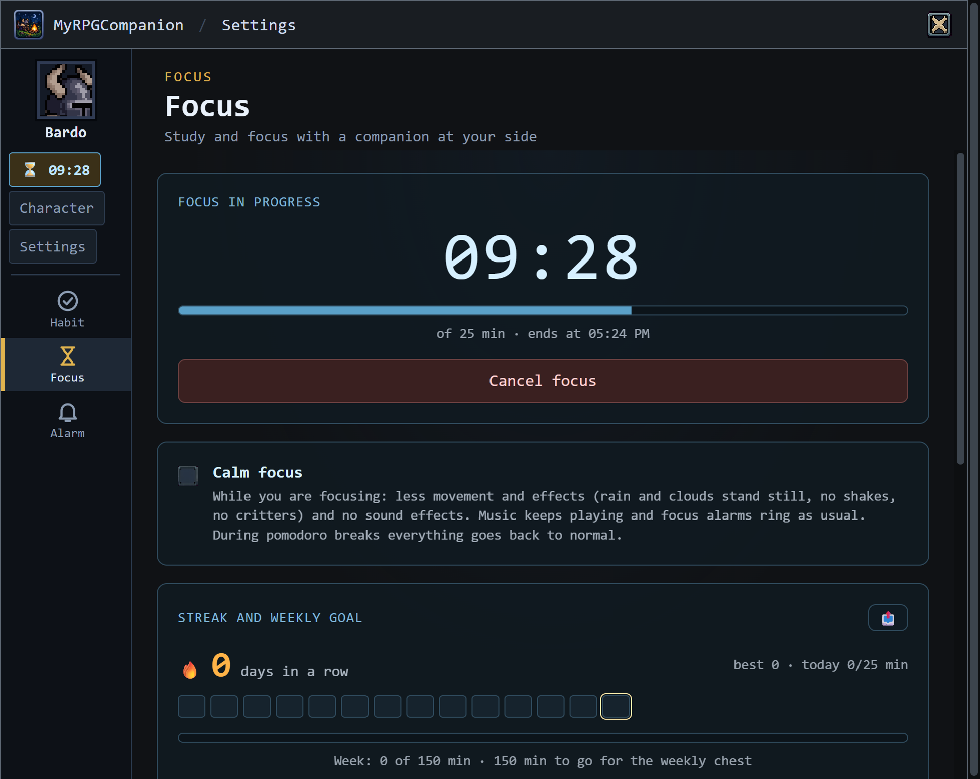 Focus screen in progress, with a big clock, a progress bar and completed sessions