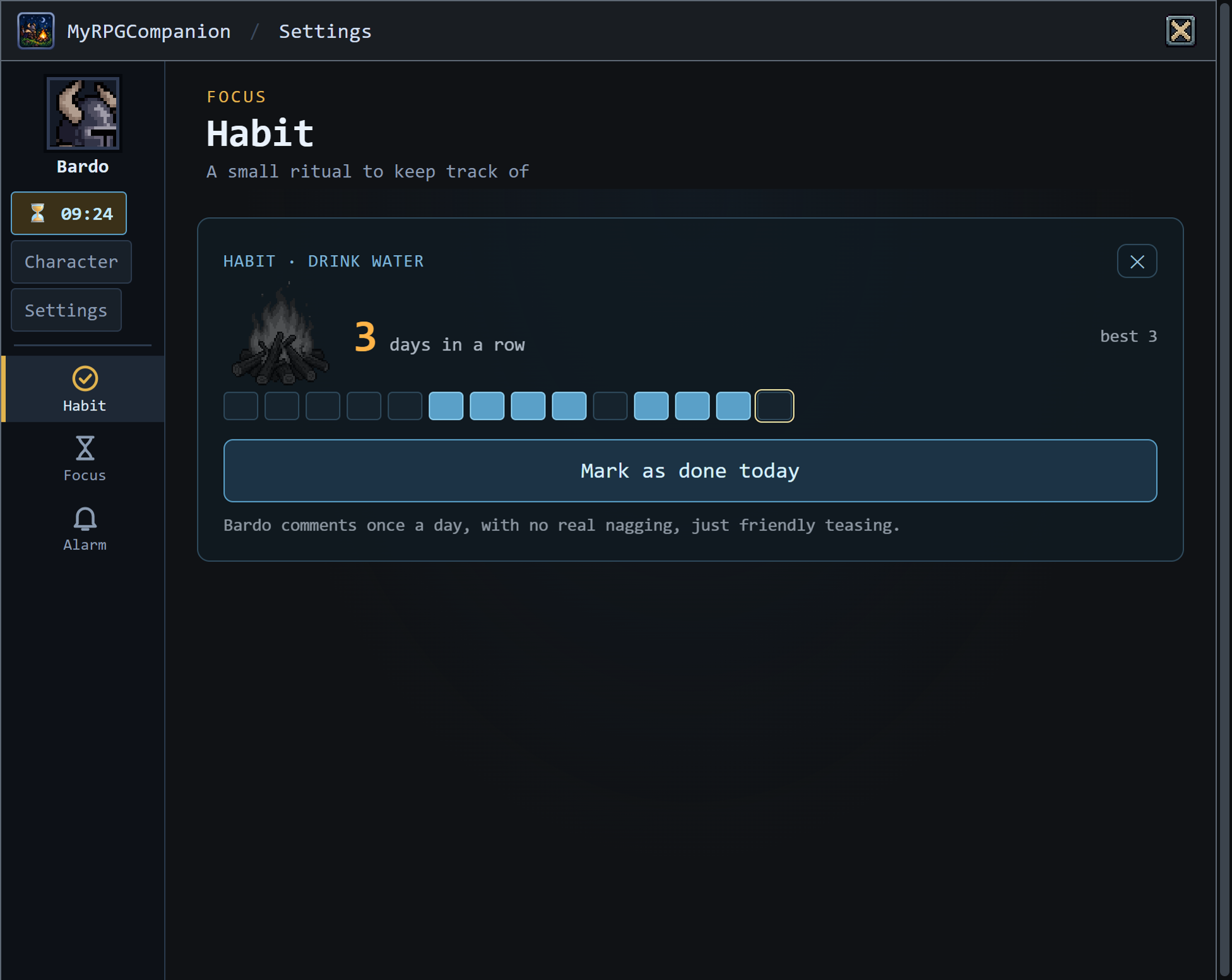 Habit screen, with the streak of days in a row