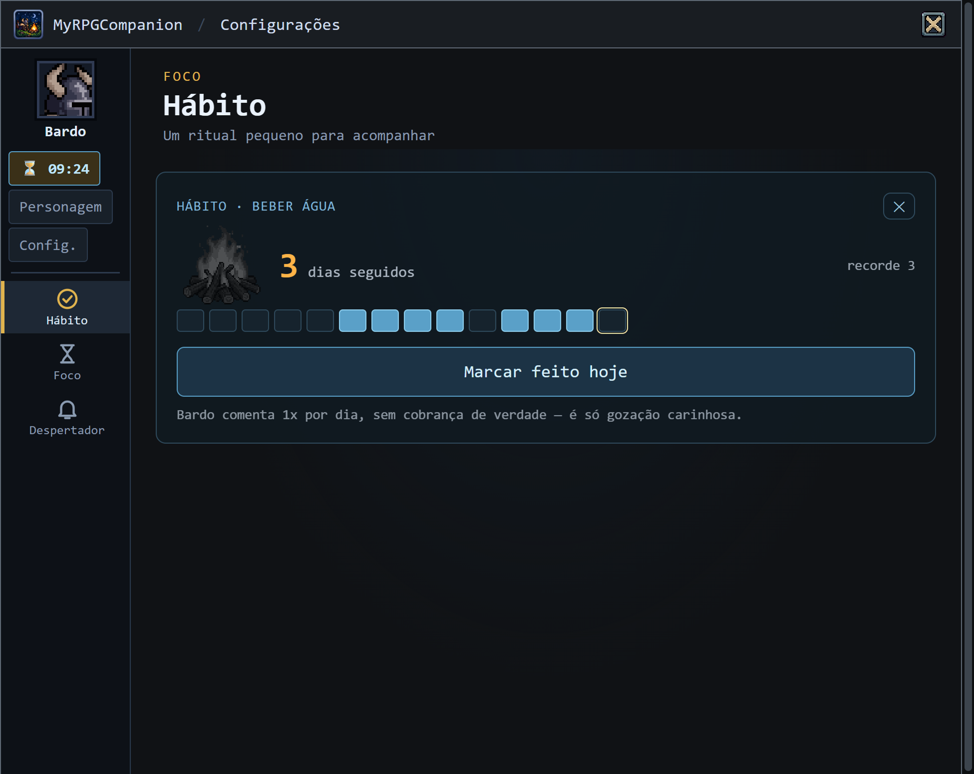 Tela do hábito, com a sequência de dias seguidos